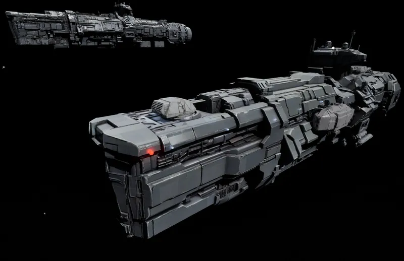 The hero ship with an escort under hard key light. Alpha prototype art.