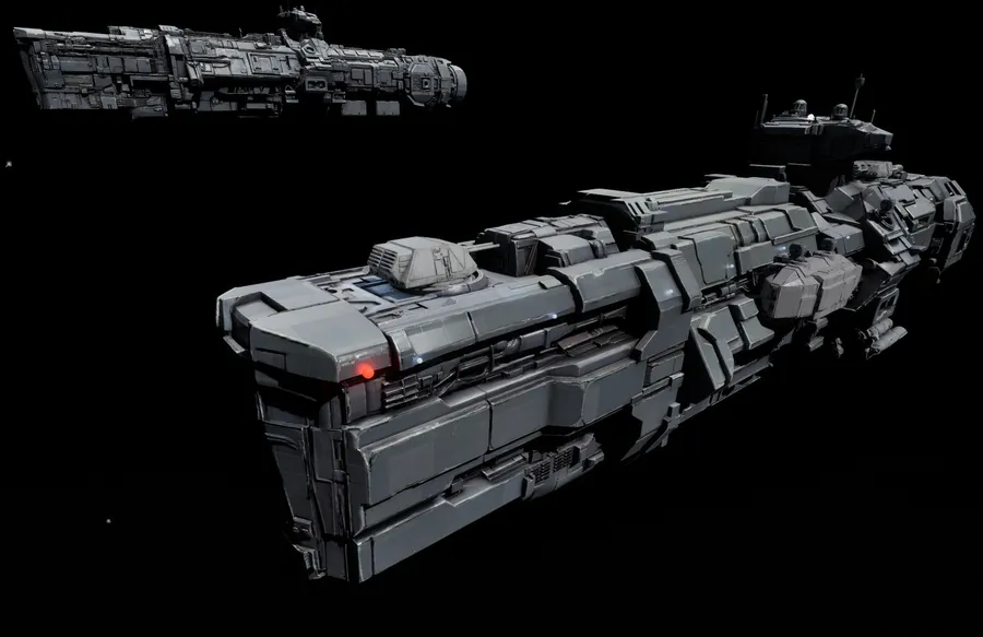 The hero ship with an escort under hard key light. Alpha prototype art.