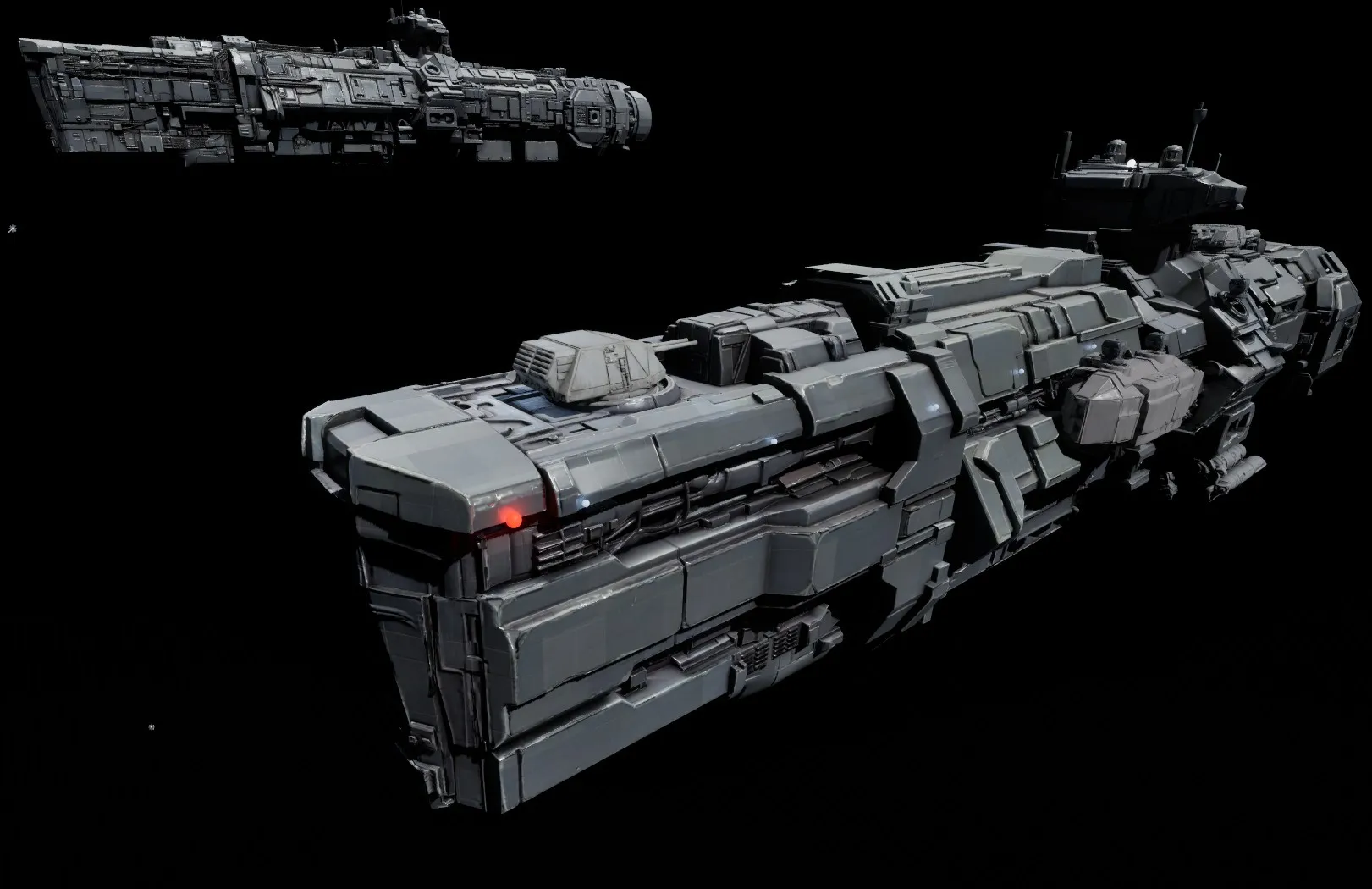 A long grey warship under hard light, an escort above it